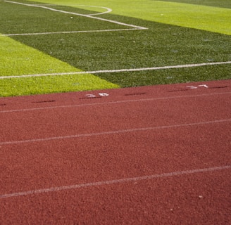 A sports field with vivid green grass divided into sections by white lines in the background. In the foreground, a track with a reddish-brown surface is marked with numbers and lines.